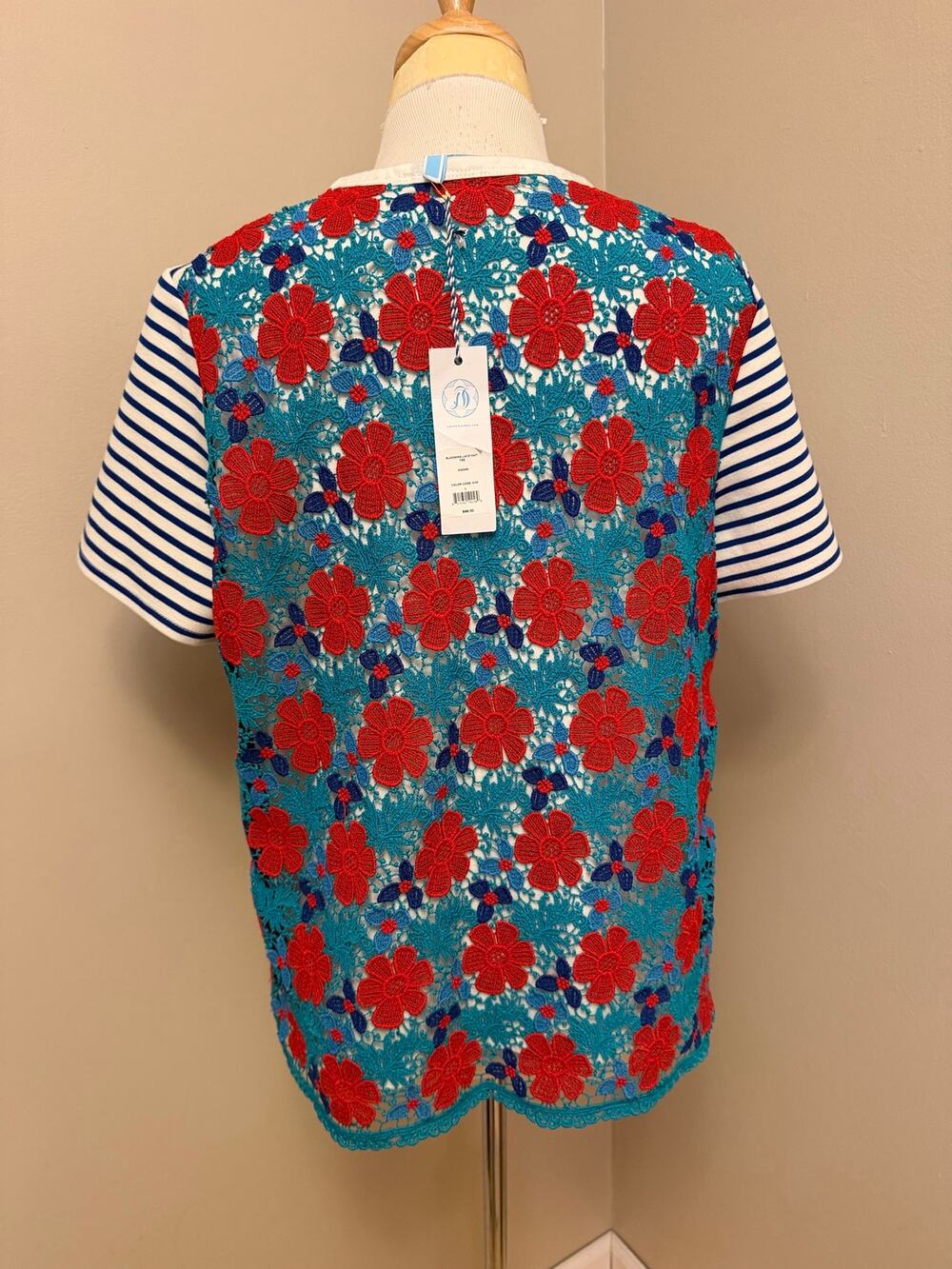 NWT Draper James Blooming Lace Knit Tee Floral Lace Stripe Red/Blue Sz Large